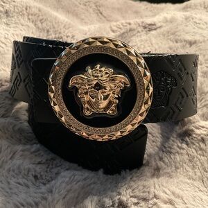 Black Leather Belt with Gold Medusa Crystal Buckle
